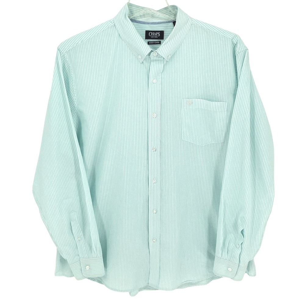 Chaps Mens‎ Easy Care Seersucker Stripe Button Down Shirt XXL Aqua White